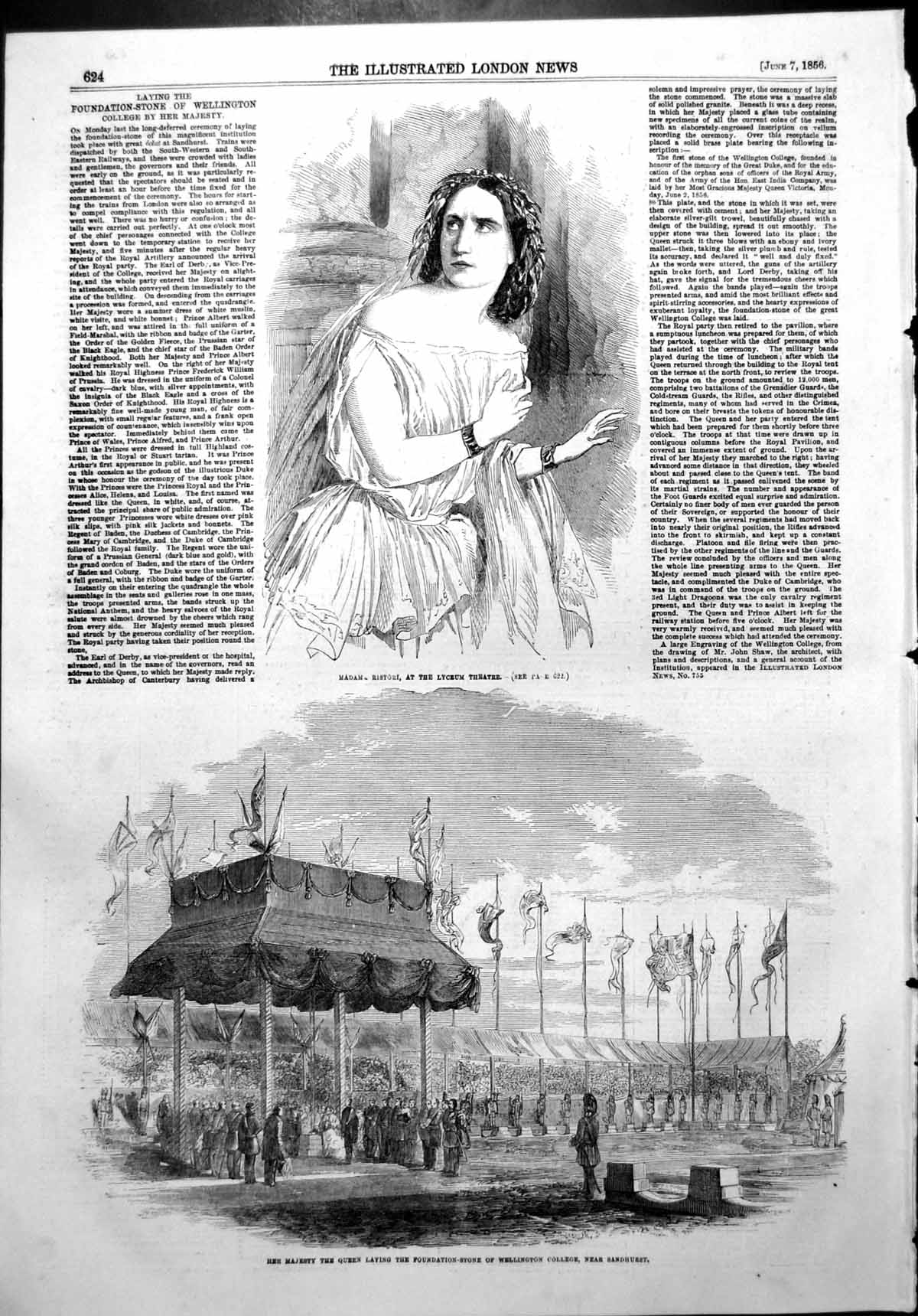Antique Print Madame Ristori Queen Foundation Stone Wellington College1856 19th