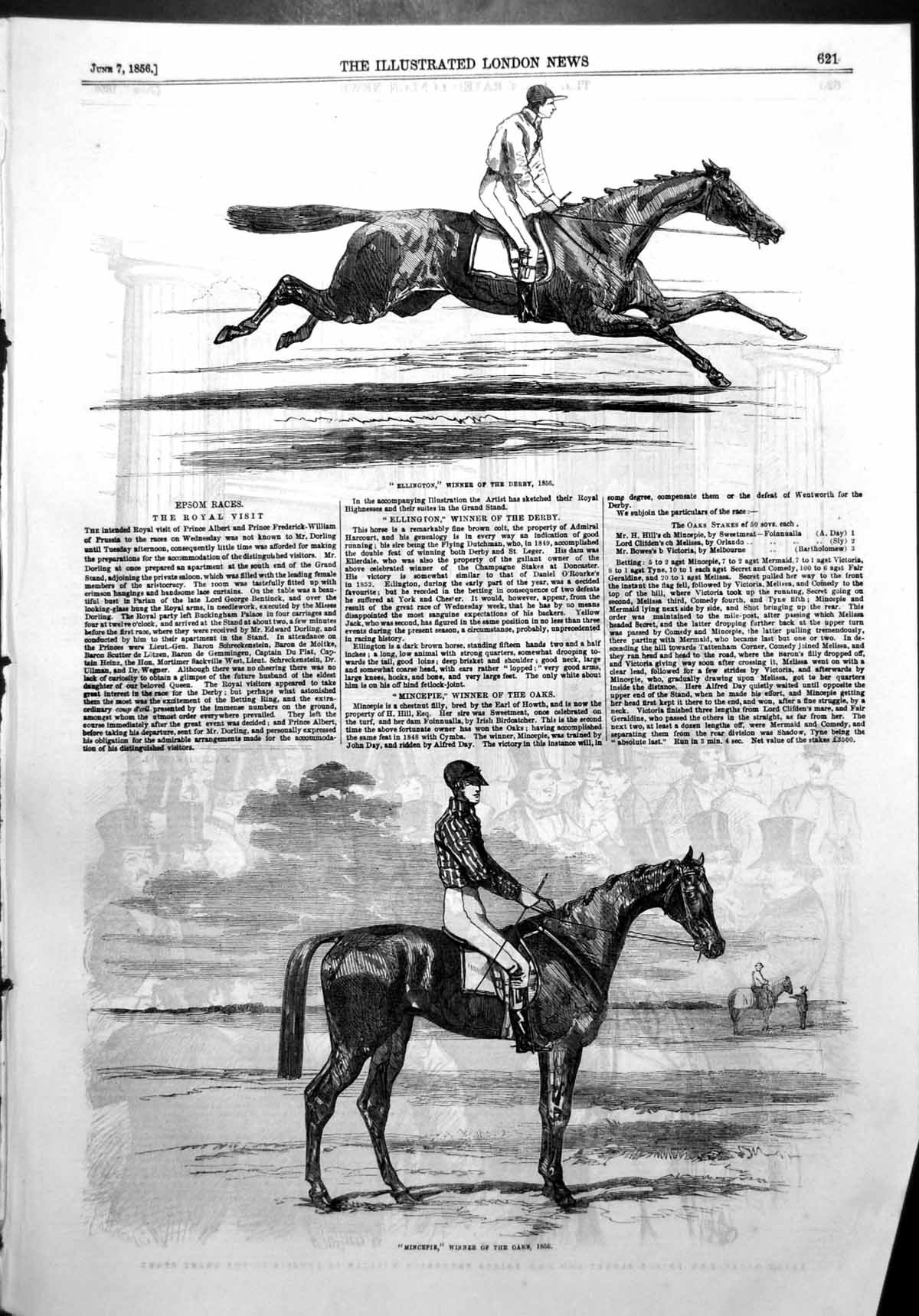 Antique Print Ellington Winner Derby Mincepie Winner Oaks Epsom Races 1856 19th