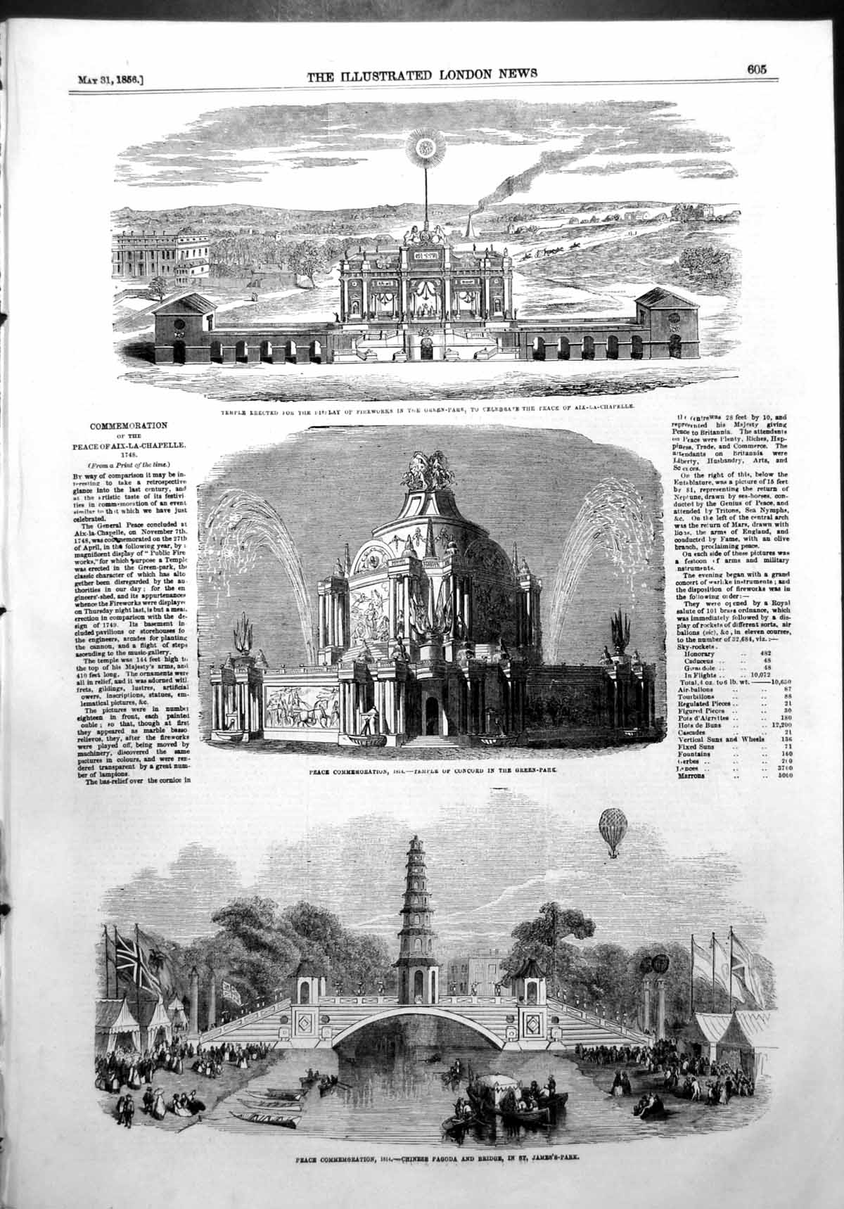 Old Antique Print Peace Commemmoration Temple Concord Chinese Pagoda 1856 19th