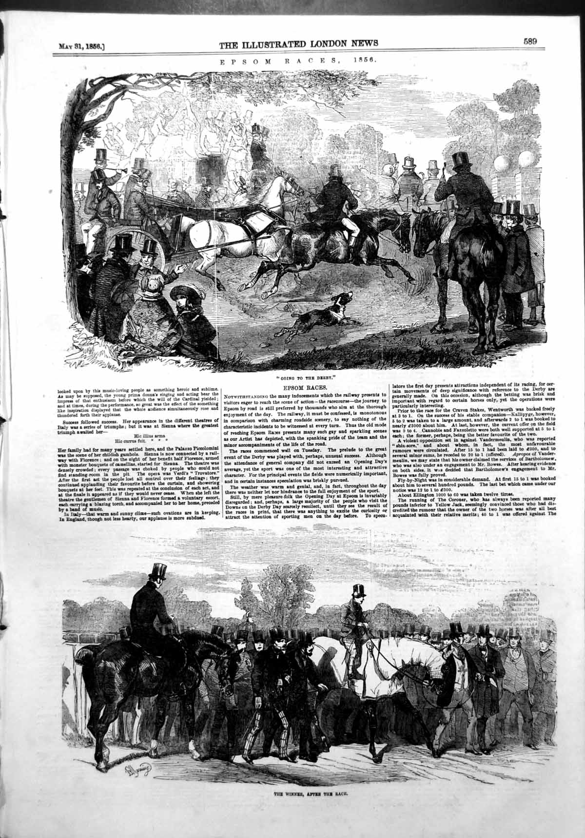 Original Old Antique Print Epsom Races Going Derby Winner After Race 1856 19th