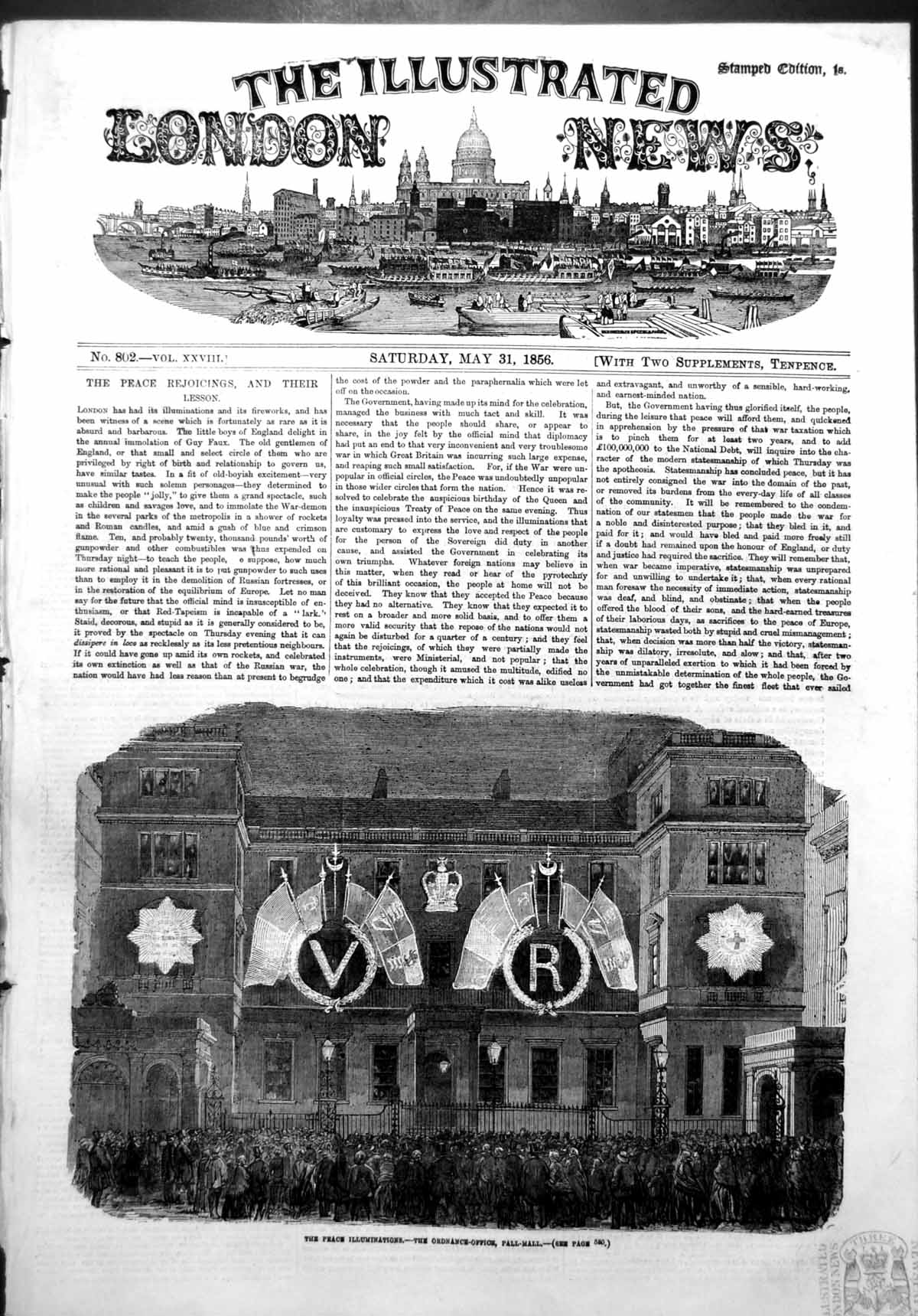 Original Old Antique Print Peace Illuminations Ordnance Office Pall Mall 1856