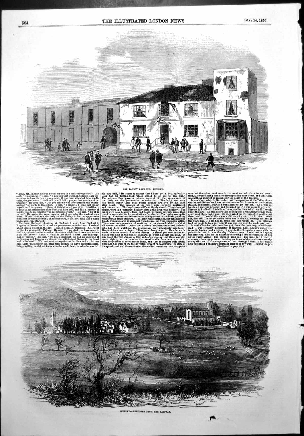 Antique Old Print Talbot Arms Inn Rugeley Town Church Rugeley Railway 1856 19th