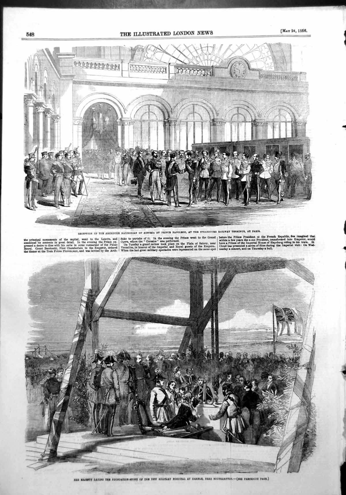 Old Print Military Hospital Hamble Archduke Maxmillan Austria Paris 1856 19th