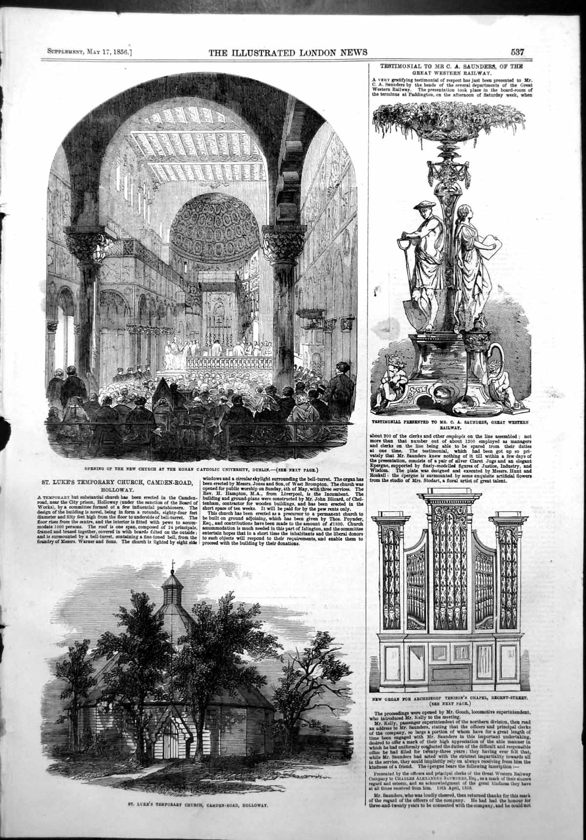 Old Print St Lukes Church Holloway Roman Catholic University Dublin 1856 19th