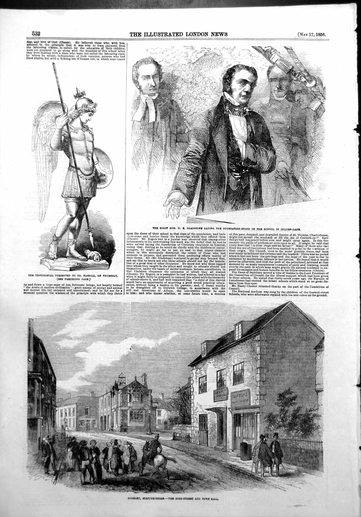 Antique Old Print Gladstone Stone School Golen Lane Rugeley Town Hall 1856 19th