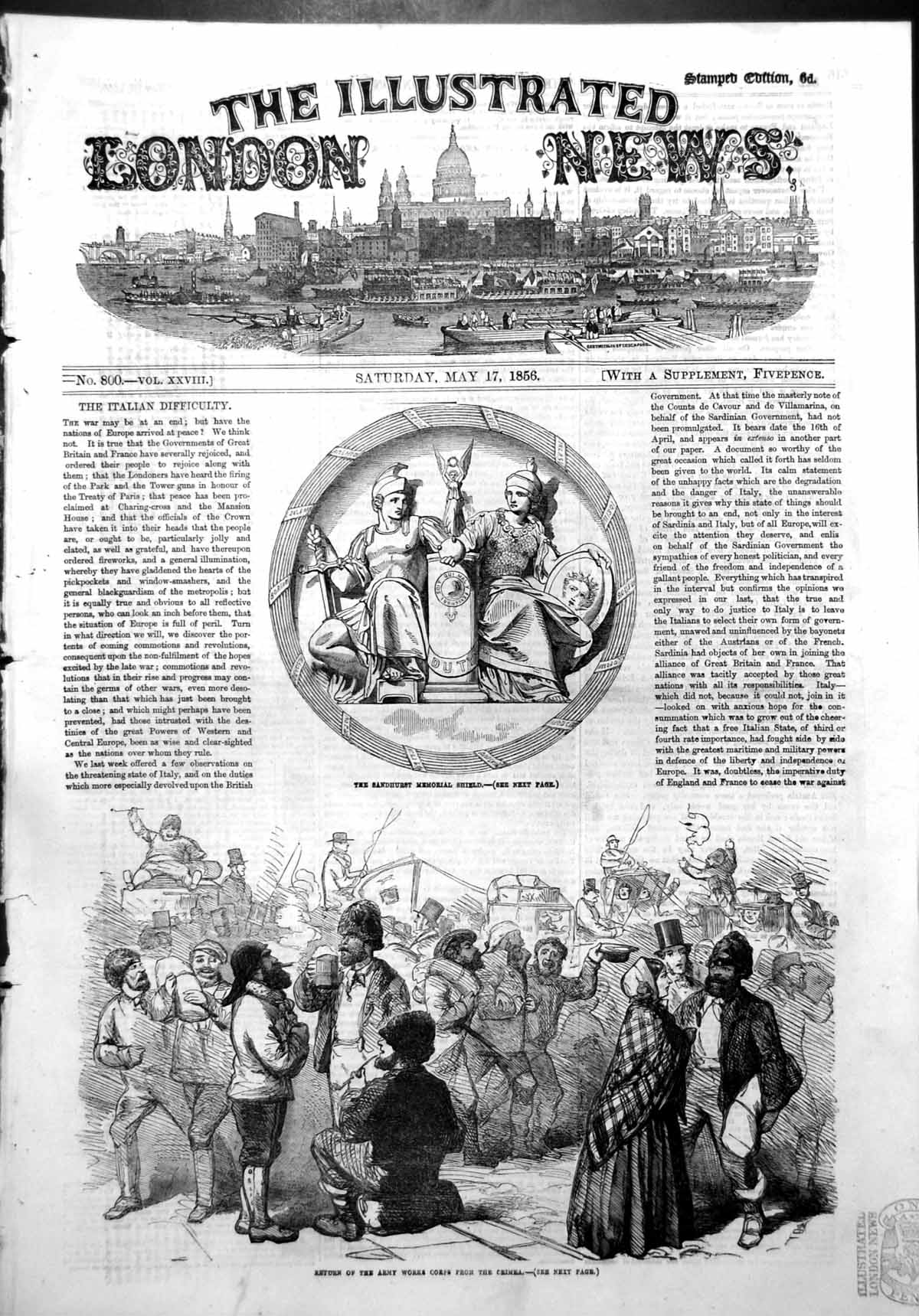 Antique Print Sandhurst Memorial Shield Return Army Works Corps Crimea1856 19th