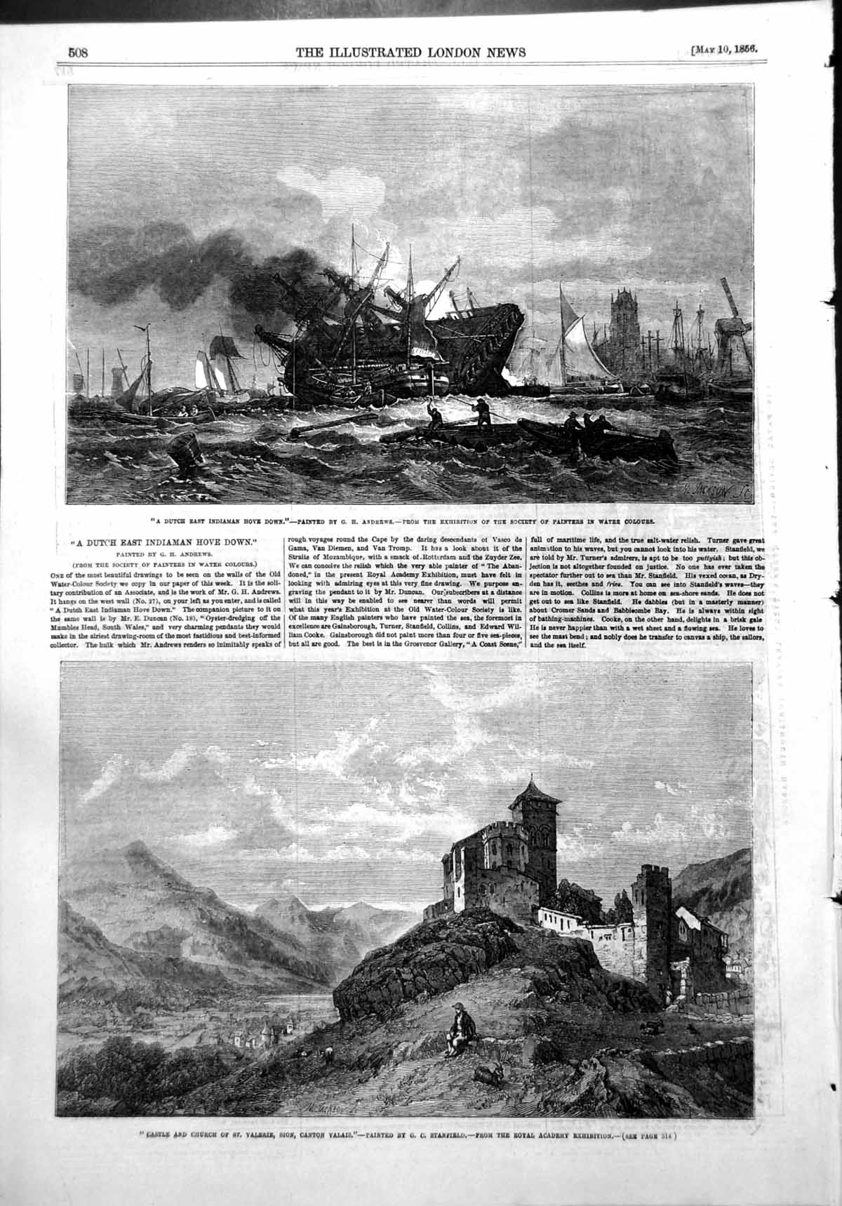 Old Print Dutch East Indiaman Hove Down Castle Church St Valerie Sion1856 19th
