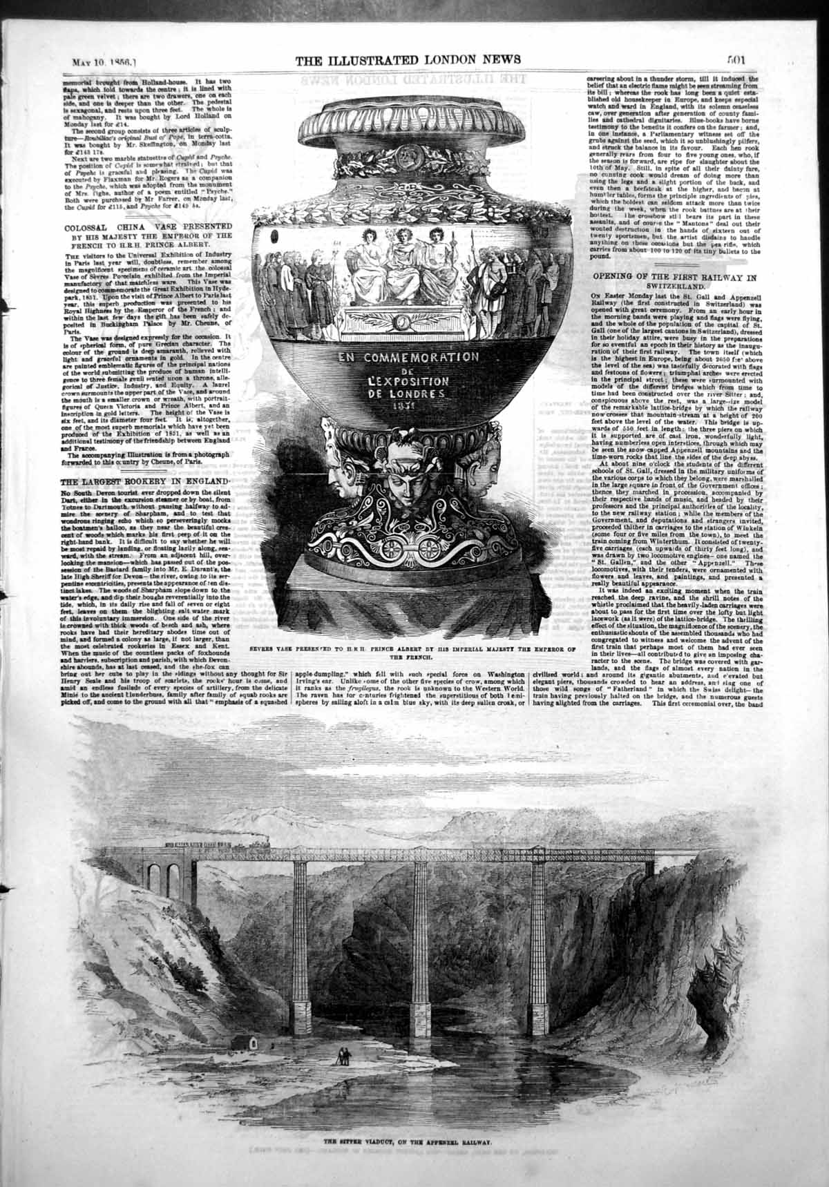Old Print Sitter Viaduct Appenzel Railway Sevres Vase Prince Albert 1856 19th