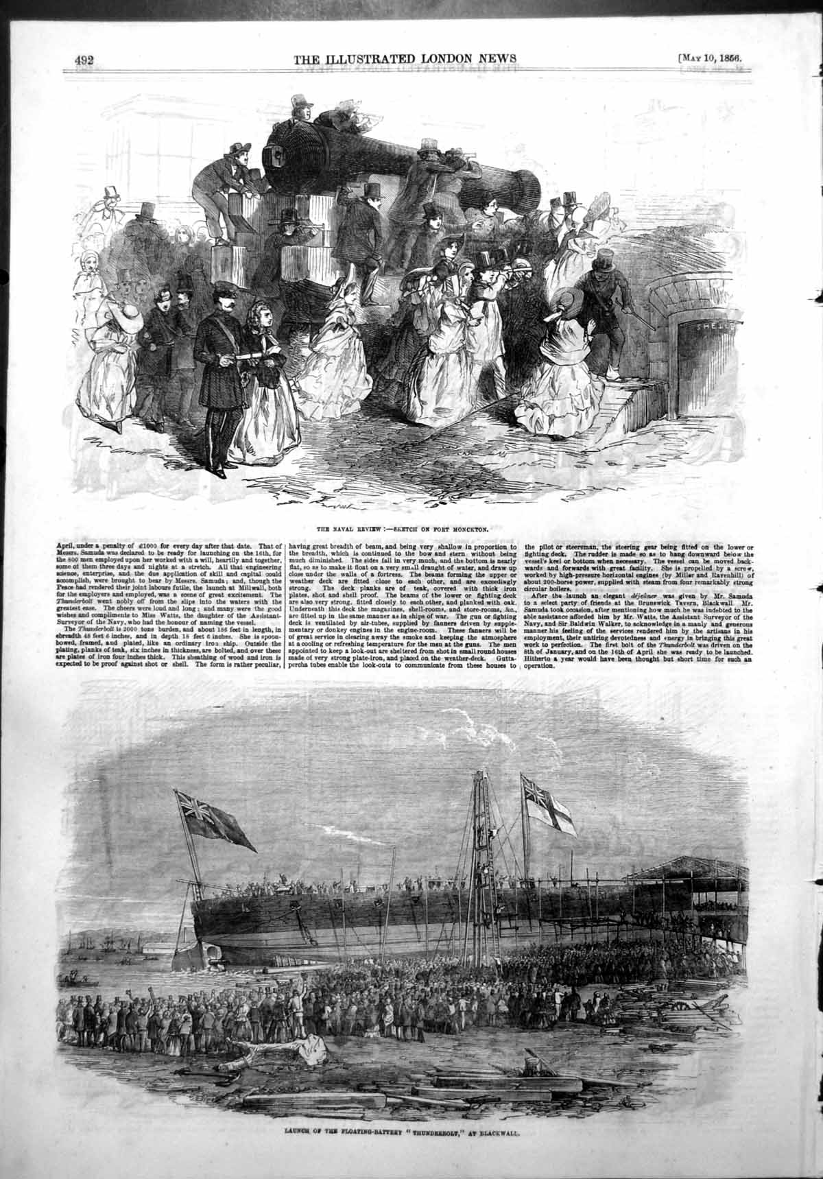 Antique Old Print Naval Review Fort Monckton Launch Thunderbolt Blackwall1856