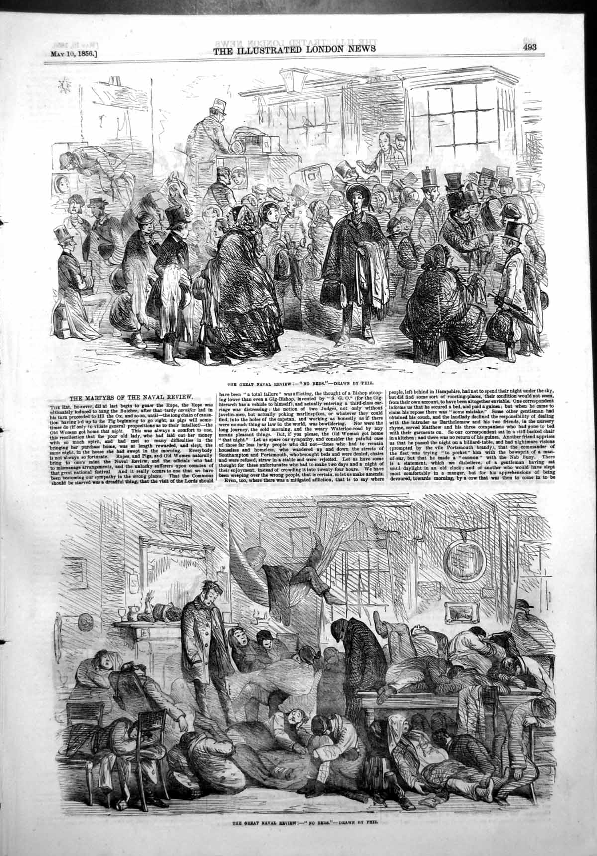 Antique Old Print Great Naval Review No Beds Phiz Sleeping Floor Table 1856