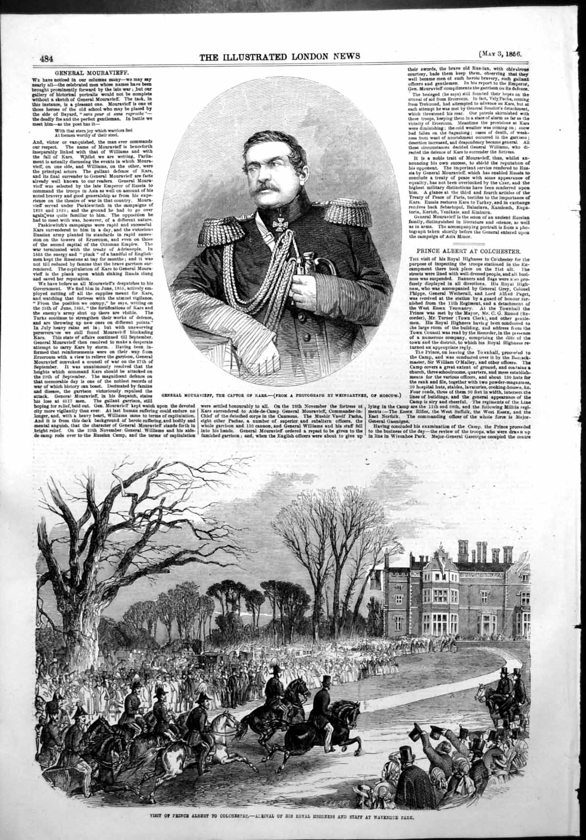 Antique Old Print Gen Mouravieff Captor Kars Prince Albert Colchester 1856 19th