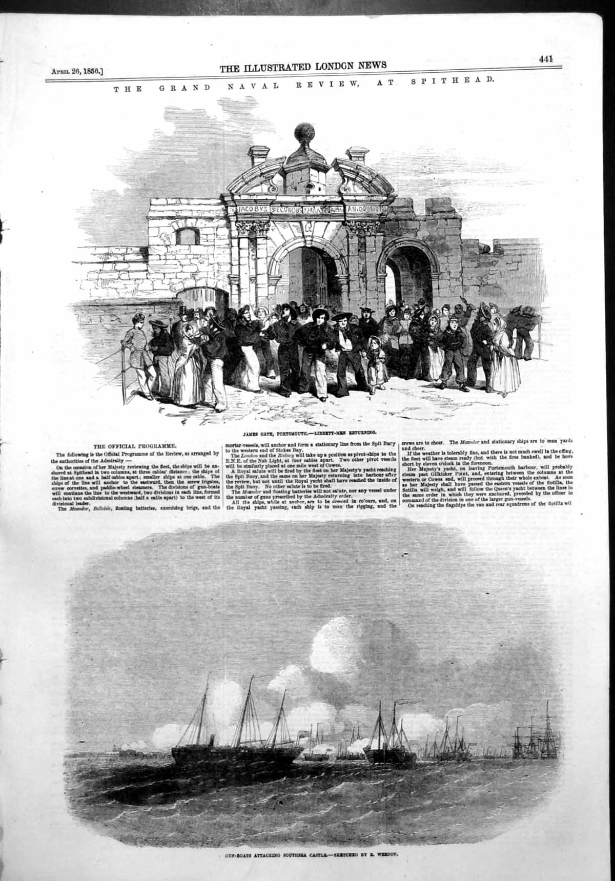 Antique Print Naval Review Spithead James Gate Portsmouth S Sea Castle 1856