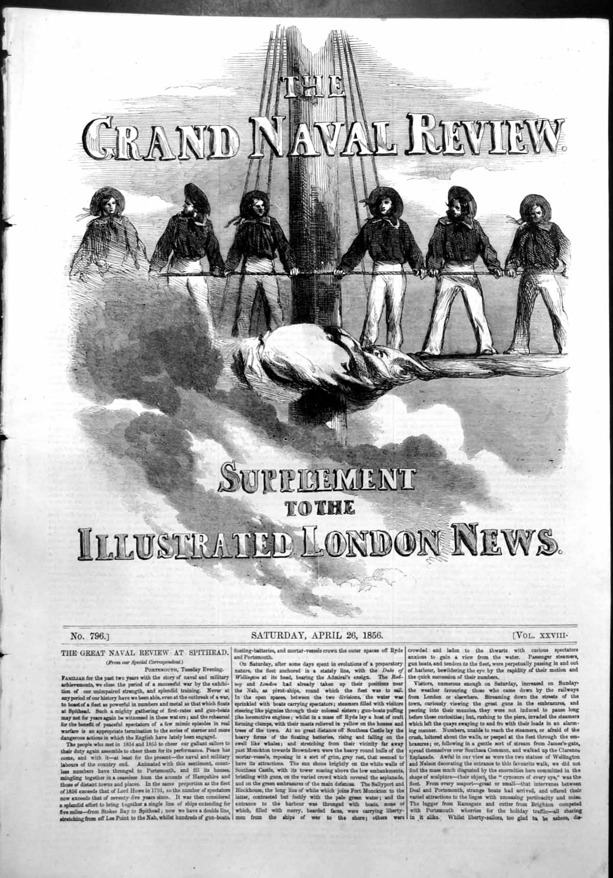 Antique Old Print Grand Naval Review Spithead Portsmouth Sailors Rope 1856 19th