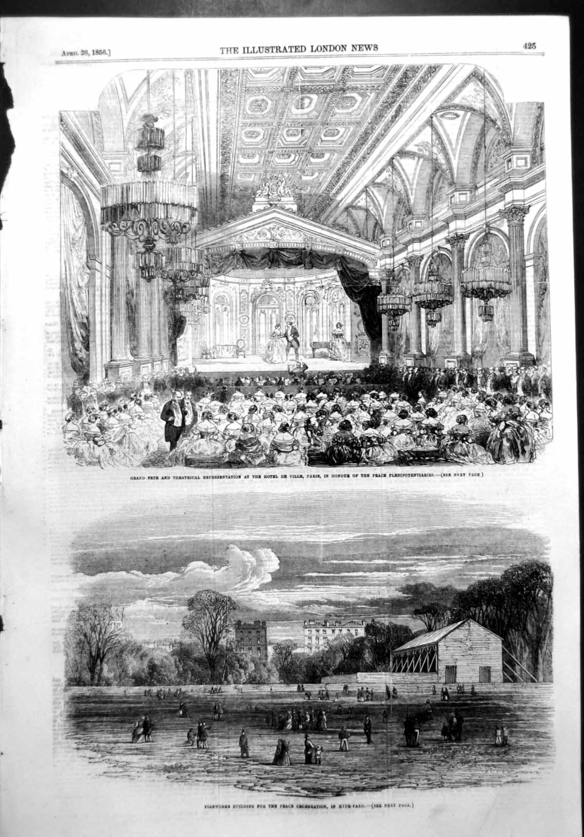 Antique Old Print Fete Hotel De Ville Peace Fireworks Building Hyde Park 1856