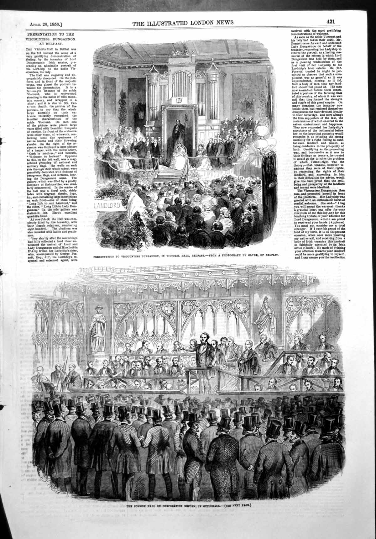 Old Antique Print Viscountess Dungannon Belfast Corporation Reform 1856 19th