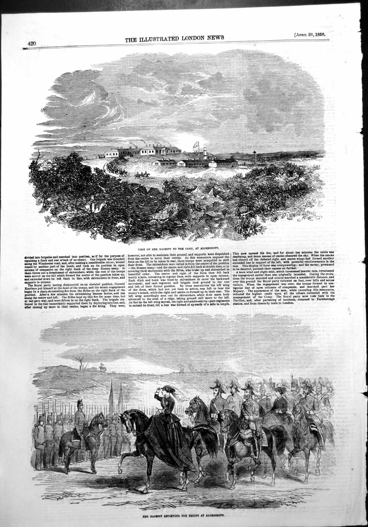 Original Old Antique Print Visit Queen Camp Aldershott Reviewing Troops 1856