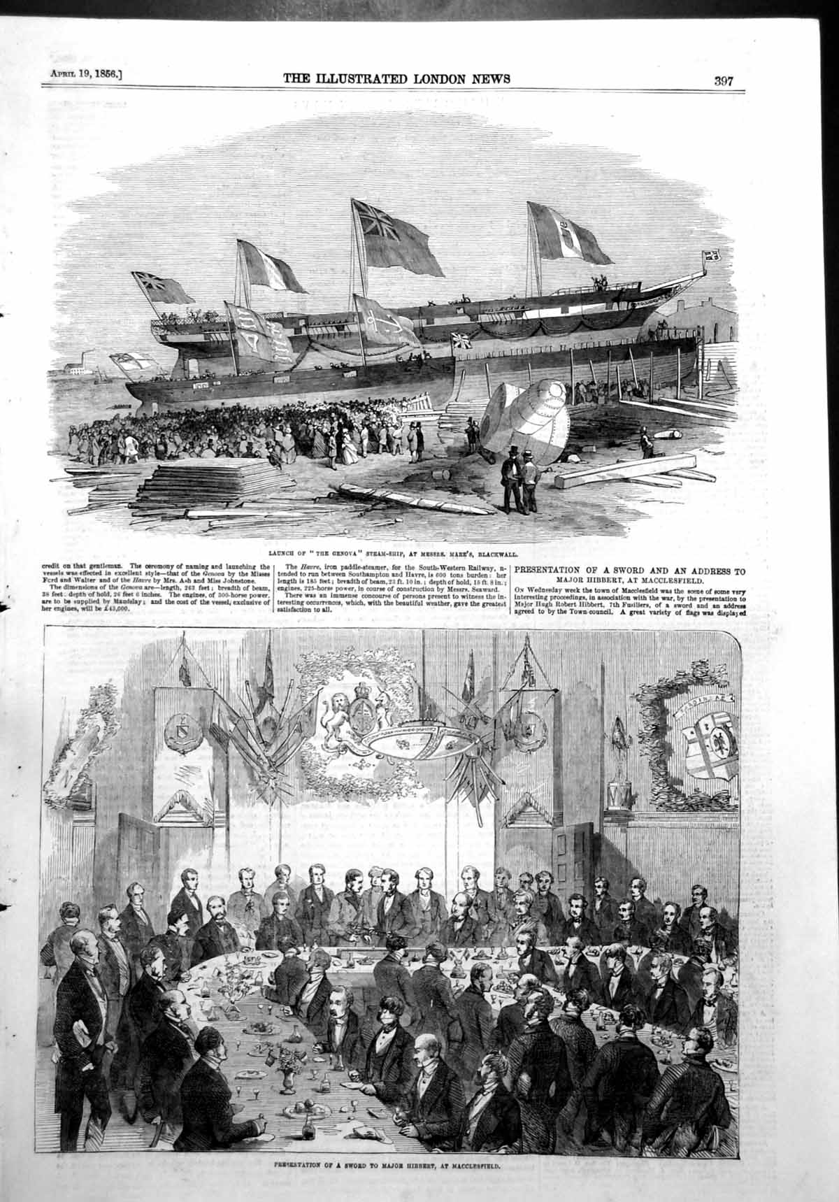 Antique Print Sword Major Hibbert Macclesfield Launch Genova Blackwall1856 19th