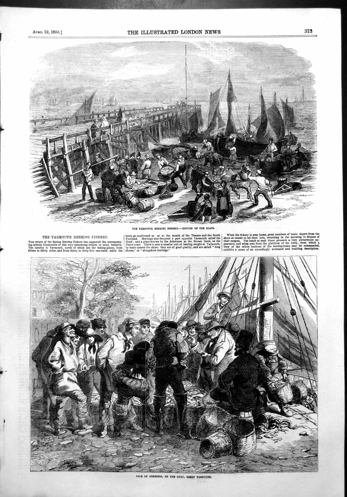 Antique Print Yarmouth Herring Fishery Return Boats Sale Herring Quay 1856 19th