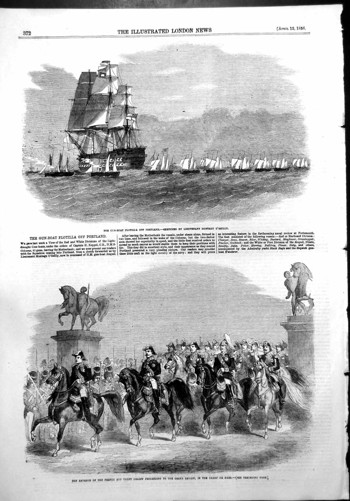 Antique Old Print Gun Boat Flotilla Portland Emperor French Count Orloff 1856