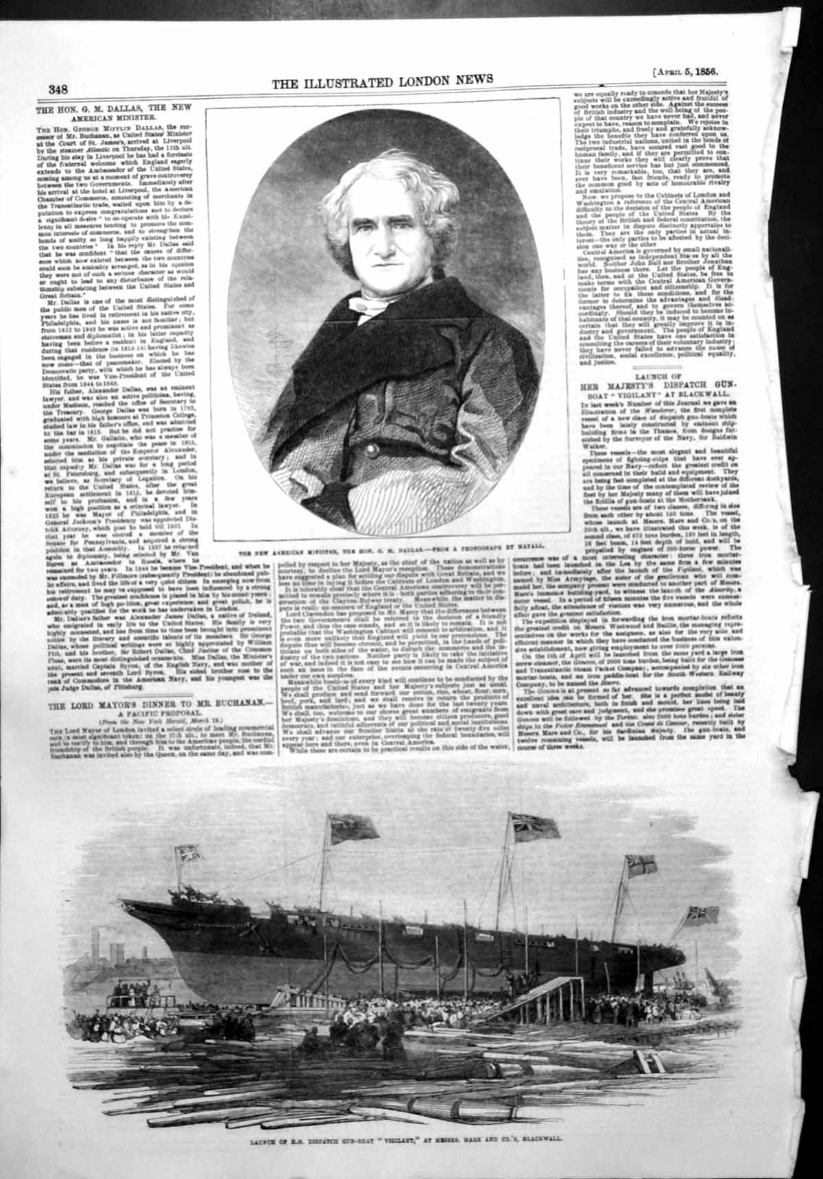 Antique Old Print American Minister G Dallas Launch Gun Boat Vigilant 1856 19th