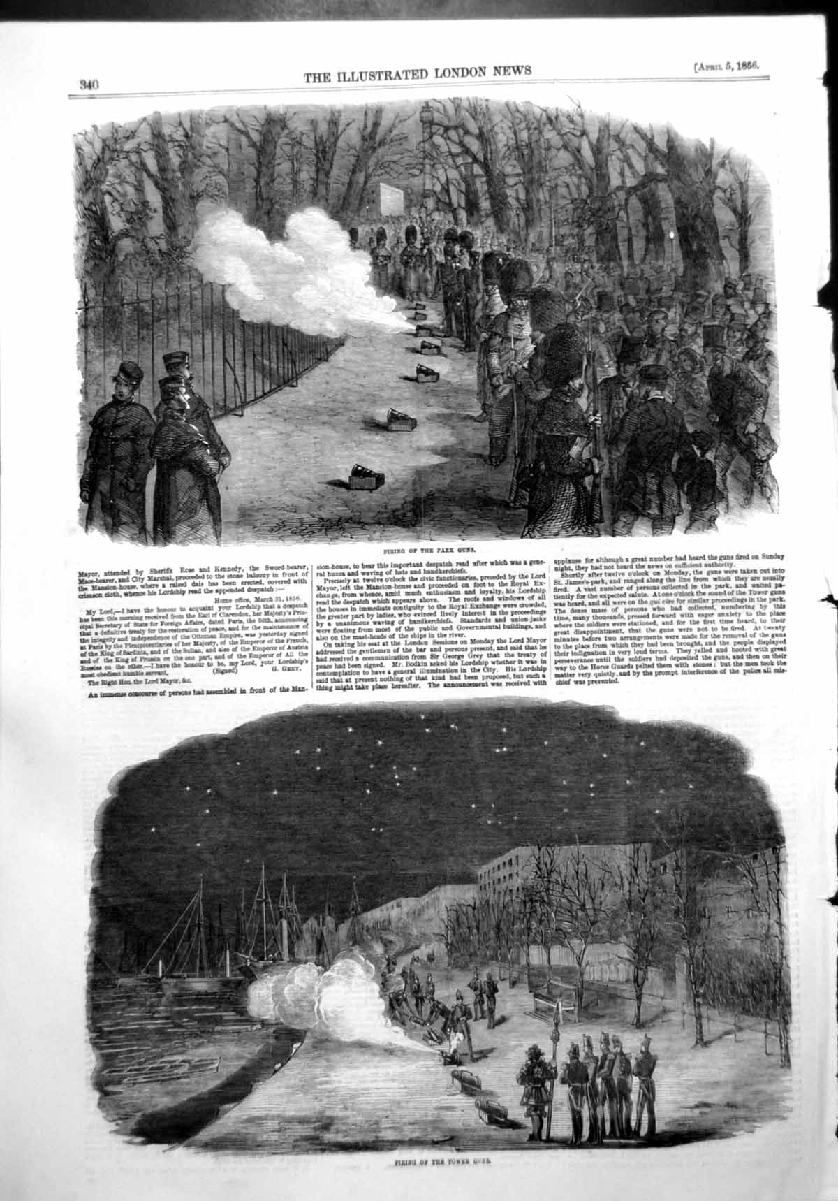 Antique Old Print Proclamation Peace Firing Park Guns Firing Tower Guns 1856