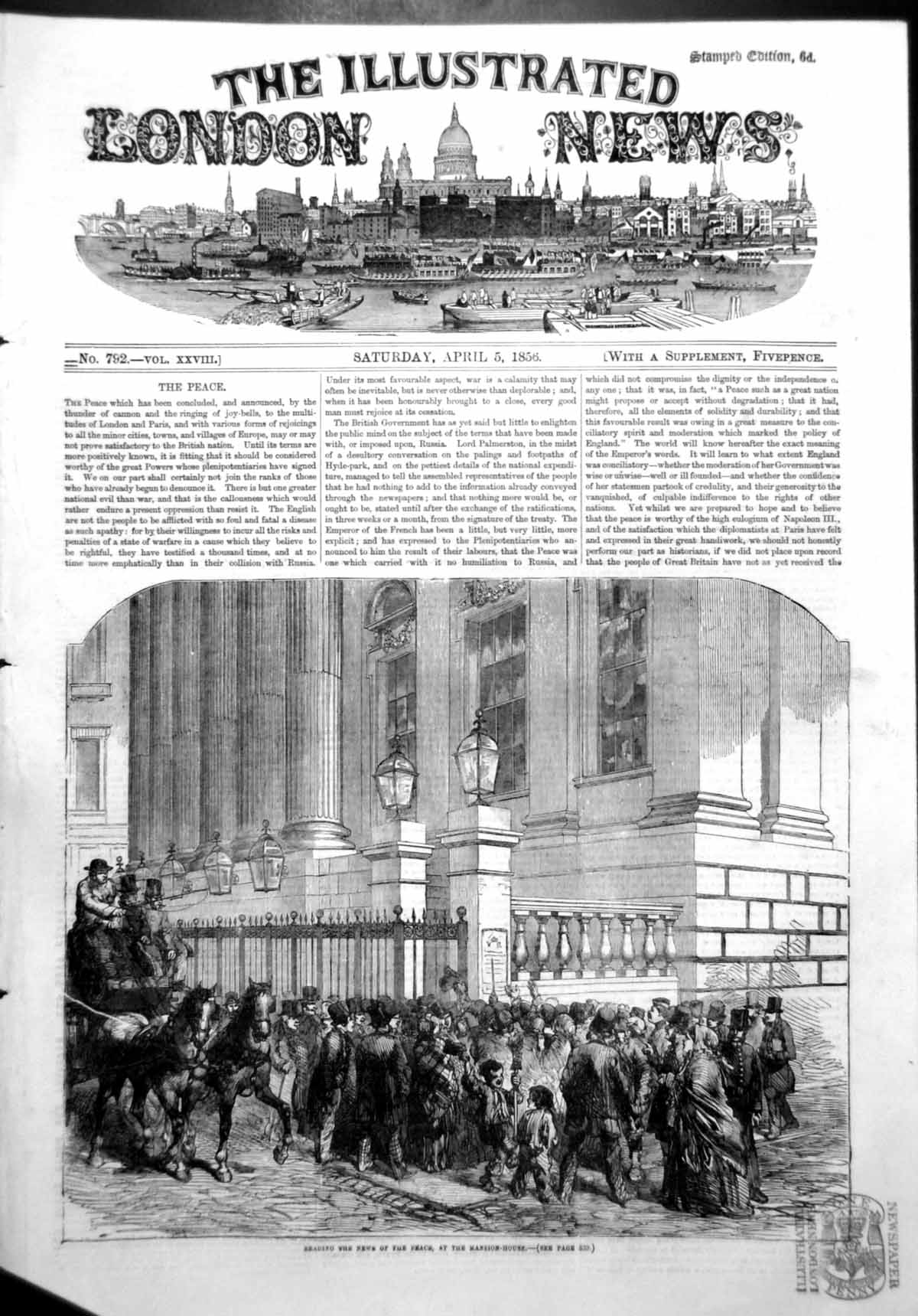 Old Antique Print Reading News Peace Mansion House Crowds Gathered 1856 19th