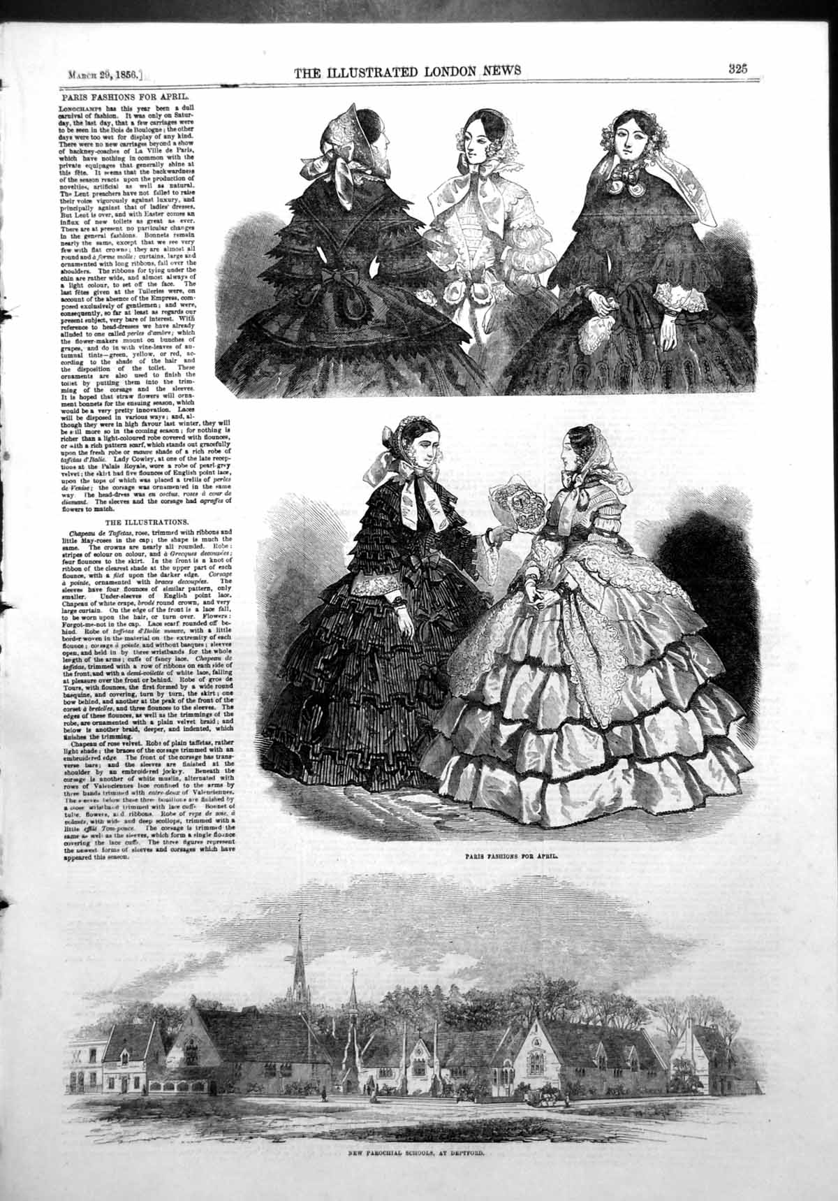 Antique Old Print New Parochial Schools Deptford Paris Fashions April 1856 19th