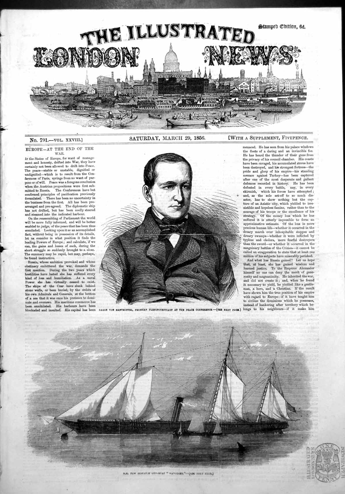 Antique Print Despatch Gun Boat Wanderer Baron Von Manteuffed Prussia 1856 19th
