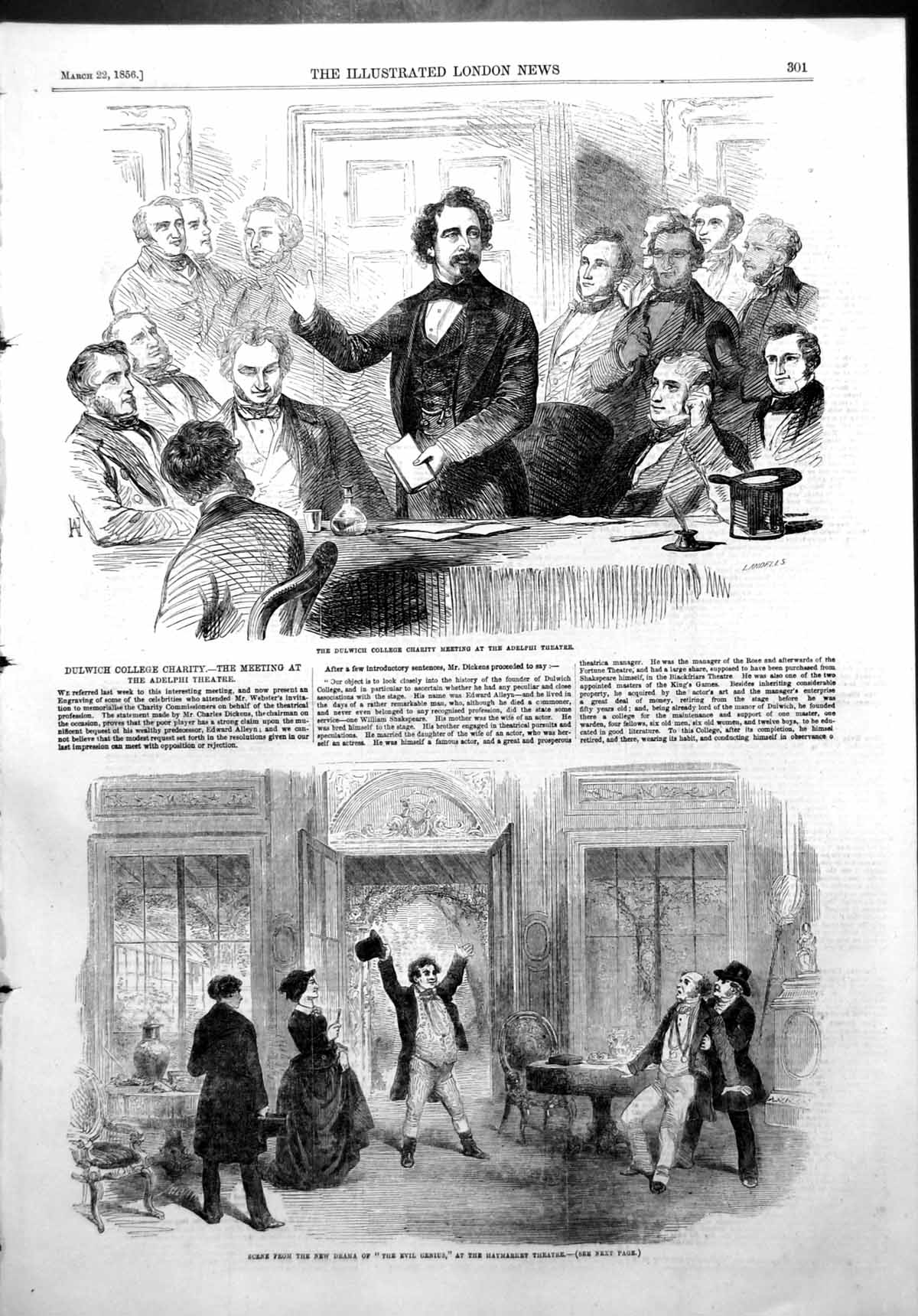 Old Print Dulwich College Charity Meeting Adelphi Drama Evil Genius 1856 19th