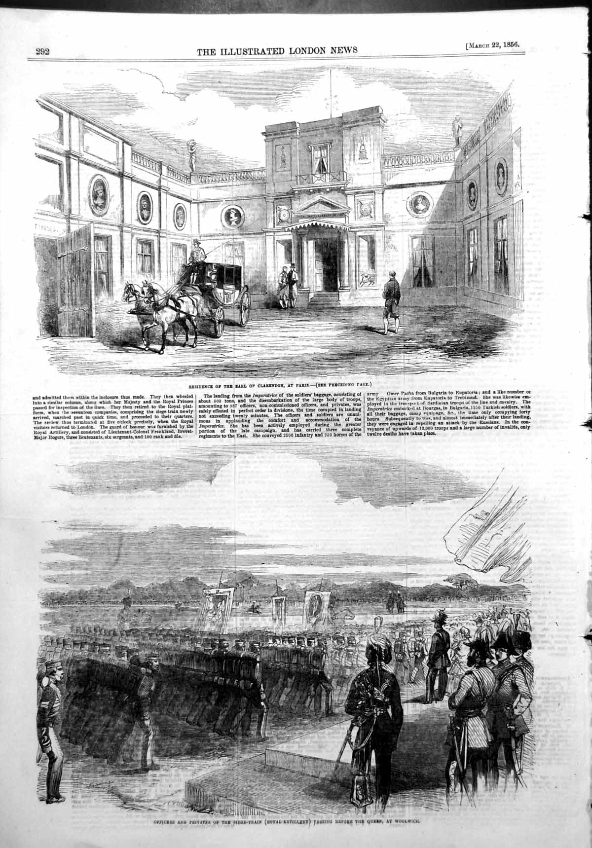 Antique Print Residence Earl Clarendon Paris Royal Artillery Woolwich 1856 19th
