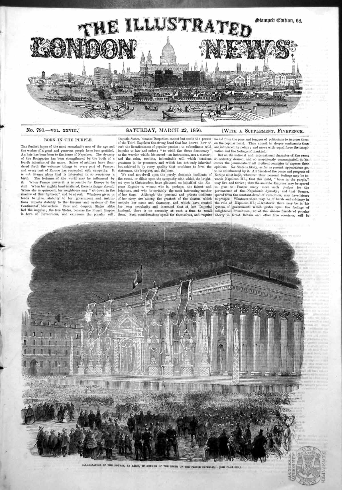 Antique Print Illuminations Bourse Paris Honour Birth Prince Imperial 1856 19th