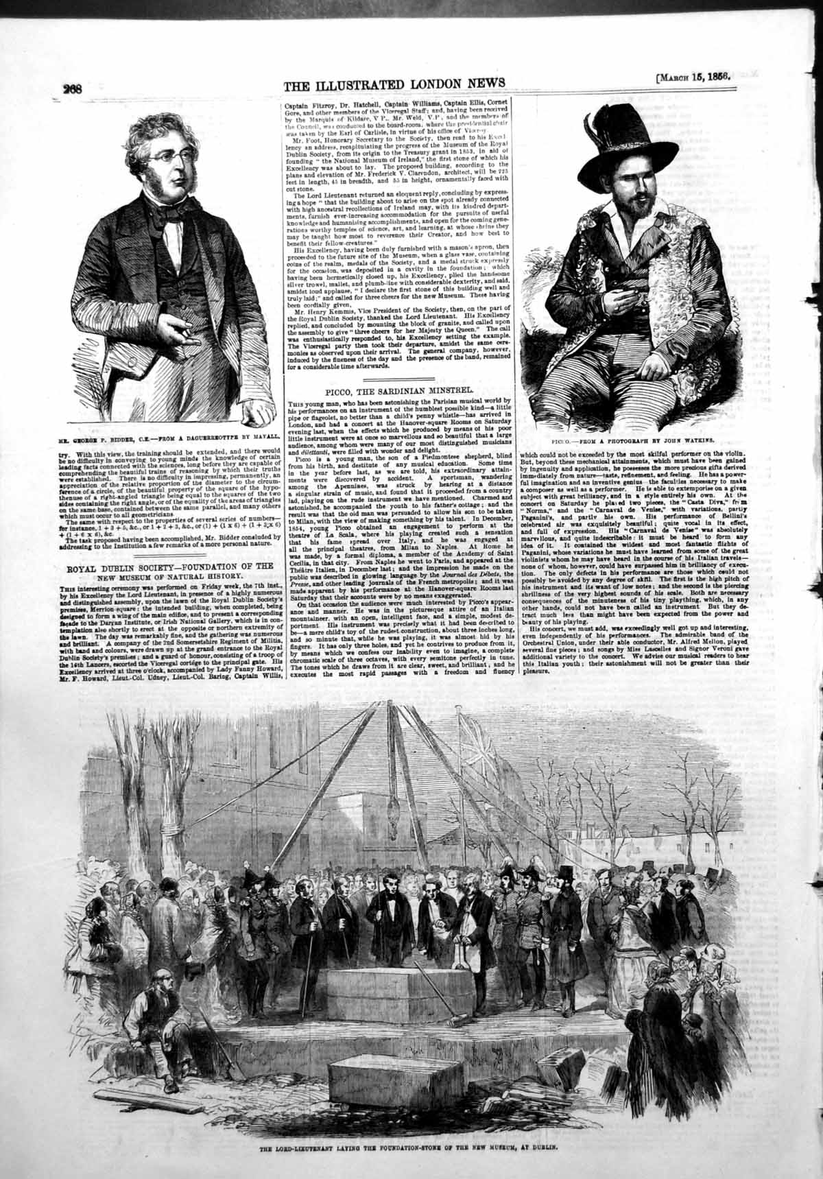 Antique Print George Bidder Picco Sardinian Minstrel New Museum Dublin 1856