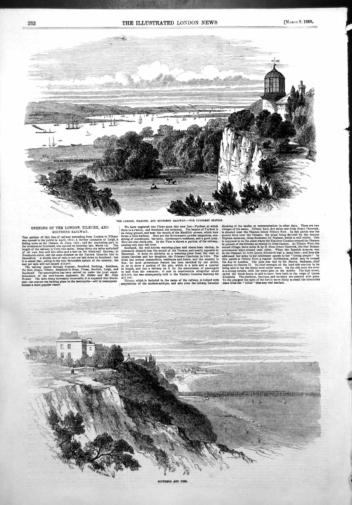 Antique Old Print London Tilbury Southend Railway Purfleet Southend Pier 1856
