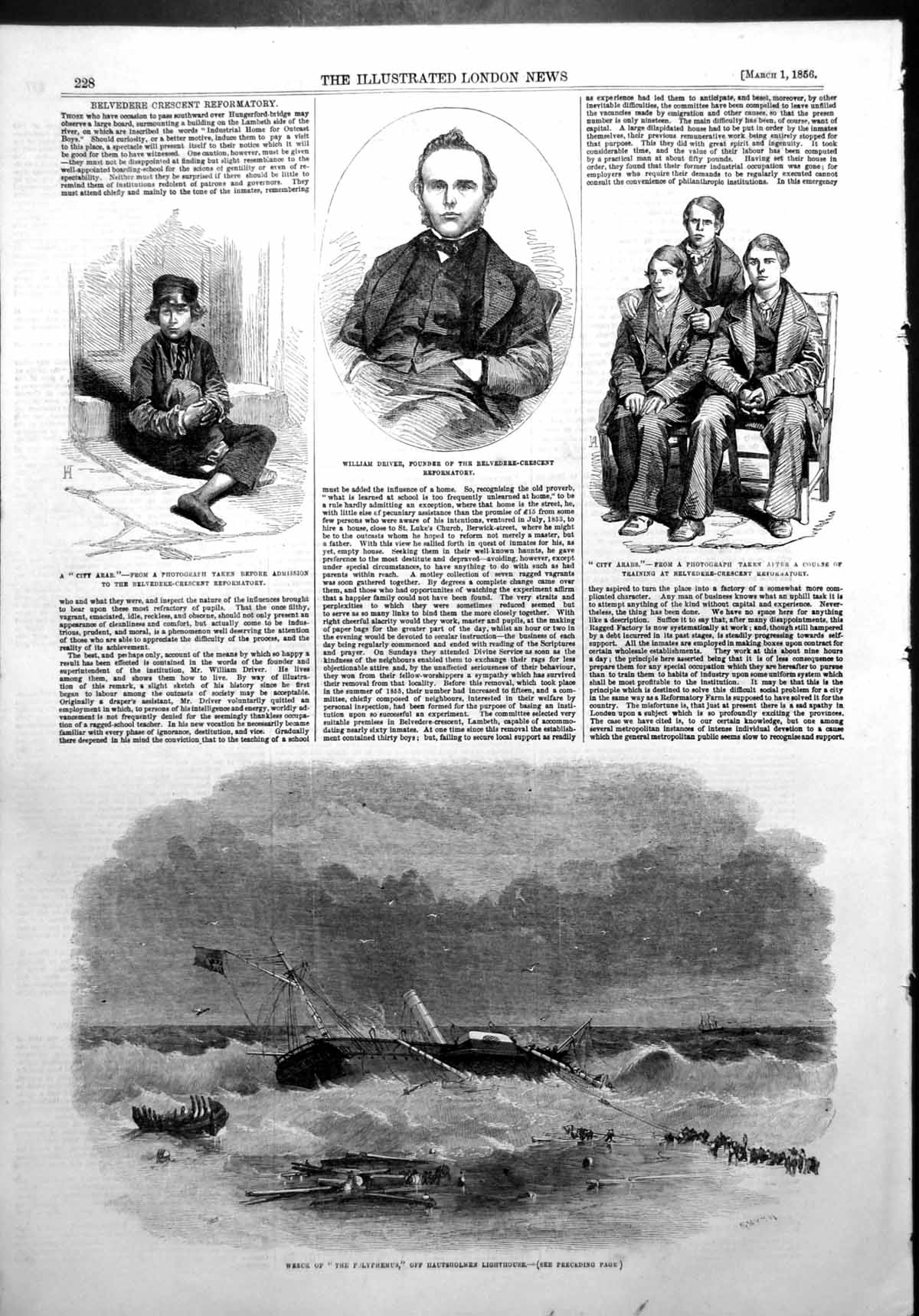 Antique Old Print Wreck Polyphemus Hautsholmen Lighthouse William Driver 1856