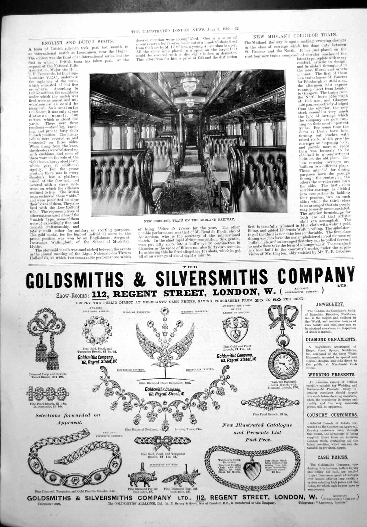 Antique Old Print New Corridor Train Midland Railway Gsmiths Silversmith1899