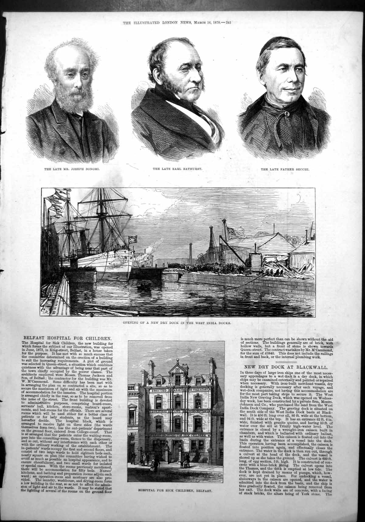 Antique Old Print Hospital Sick Children Belfast New Dry Dock Blackwall 1878
