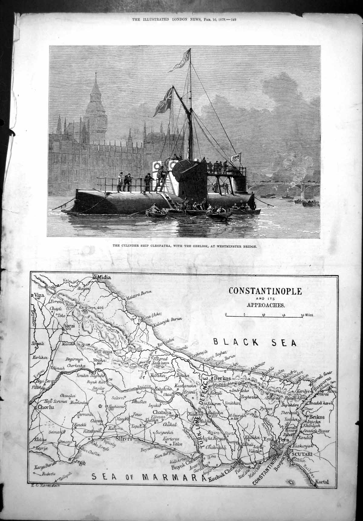 Old Antique Print Cylinder Ship Cleopatra Obelisk Map Constantinople 1878 19th
