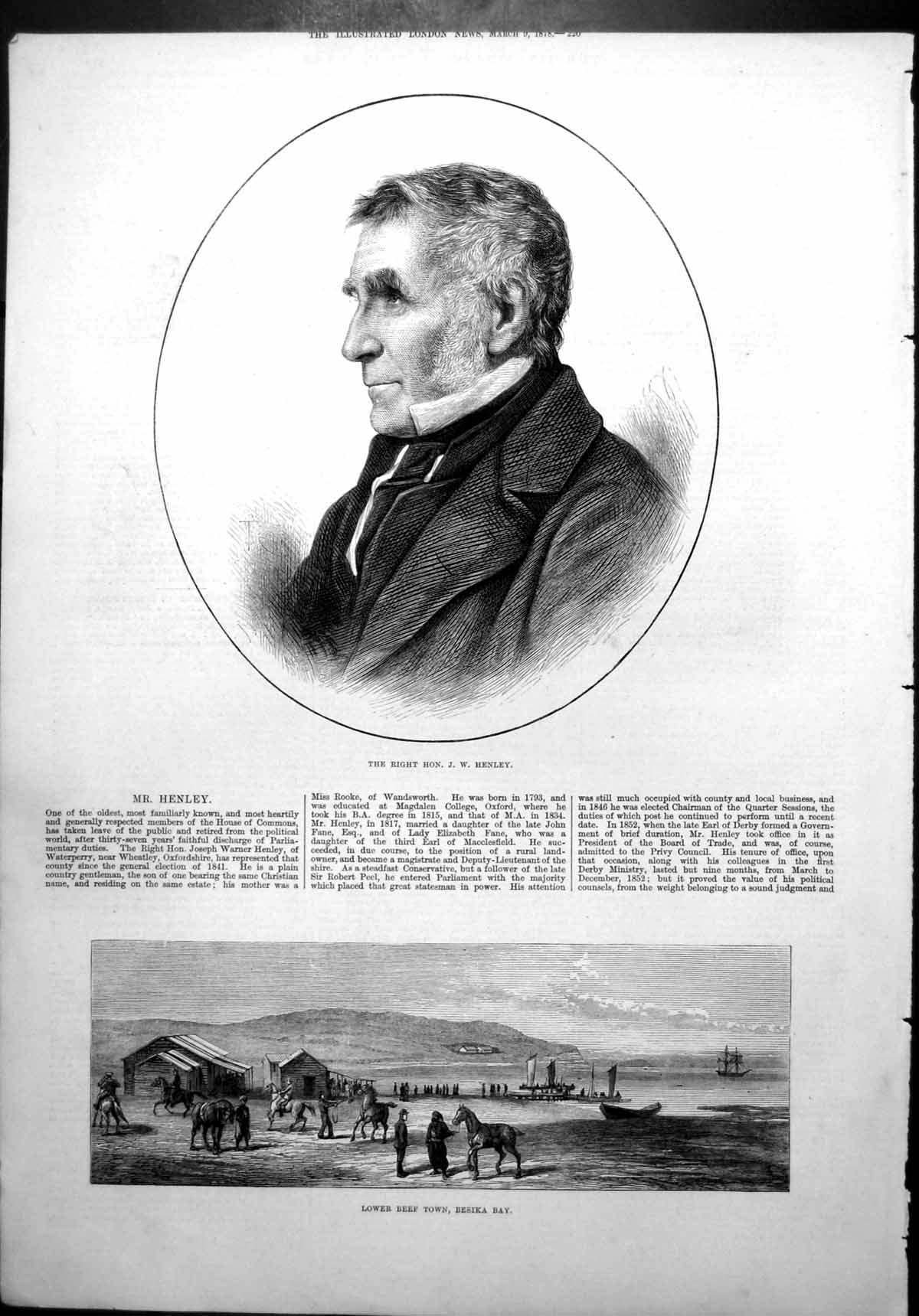 Original Old Antique Print Right Hon J Henley Lower Beef Town Besika Bay 1878