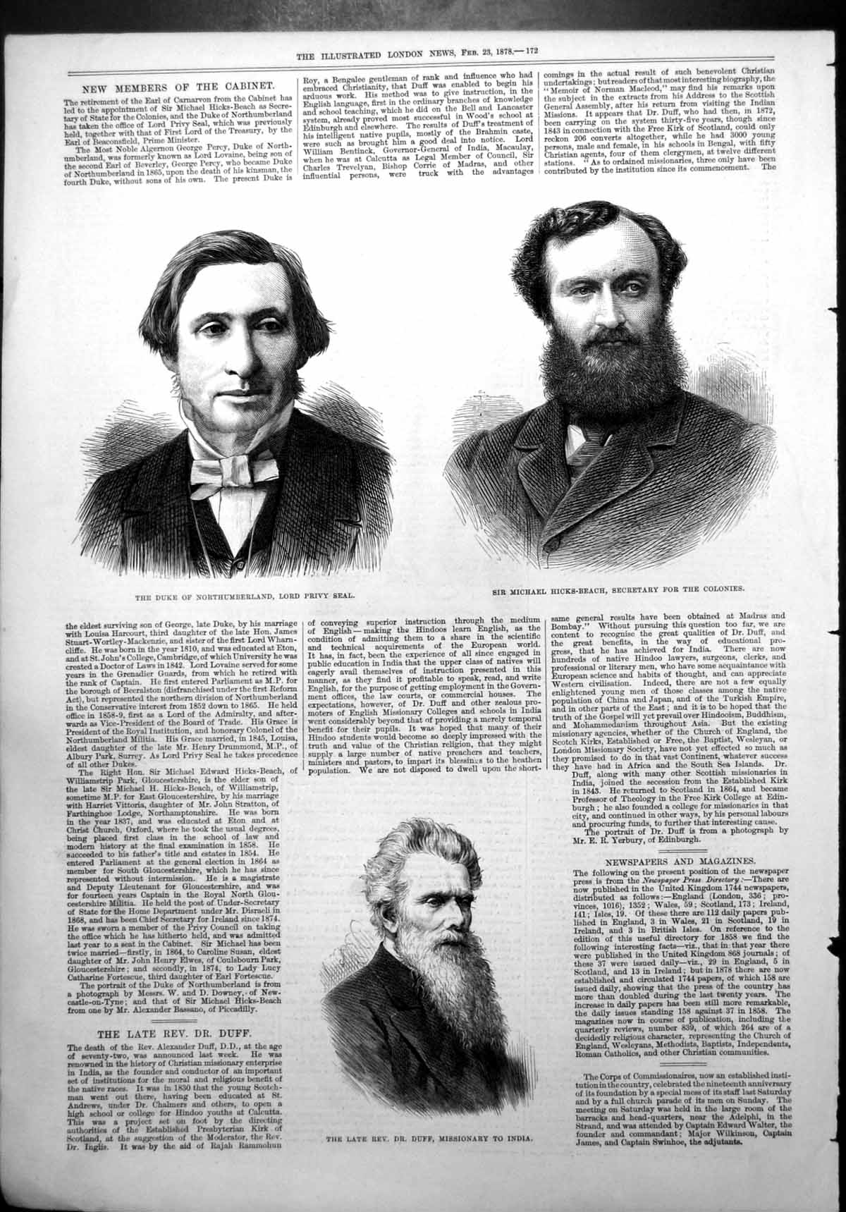 Antique Print Duke Northumberland Sir Michael Hicks-Beach Rev Dr Duff 1878 19th