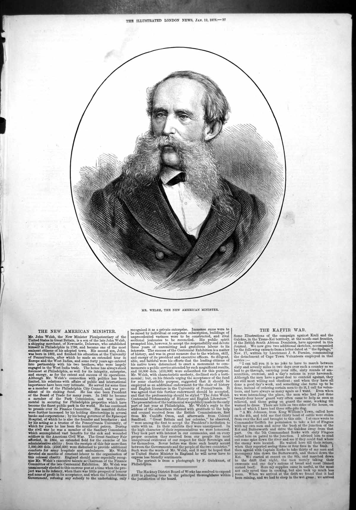 Old Antique Print Mr John Welsh New American Minister Great Britain 1878 19th