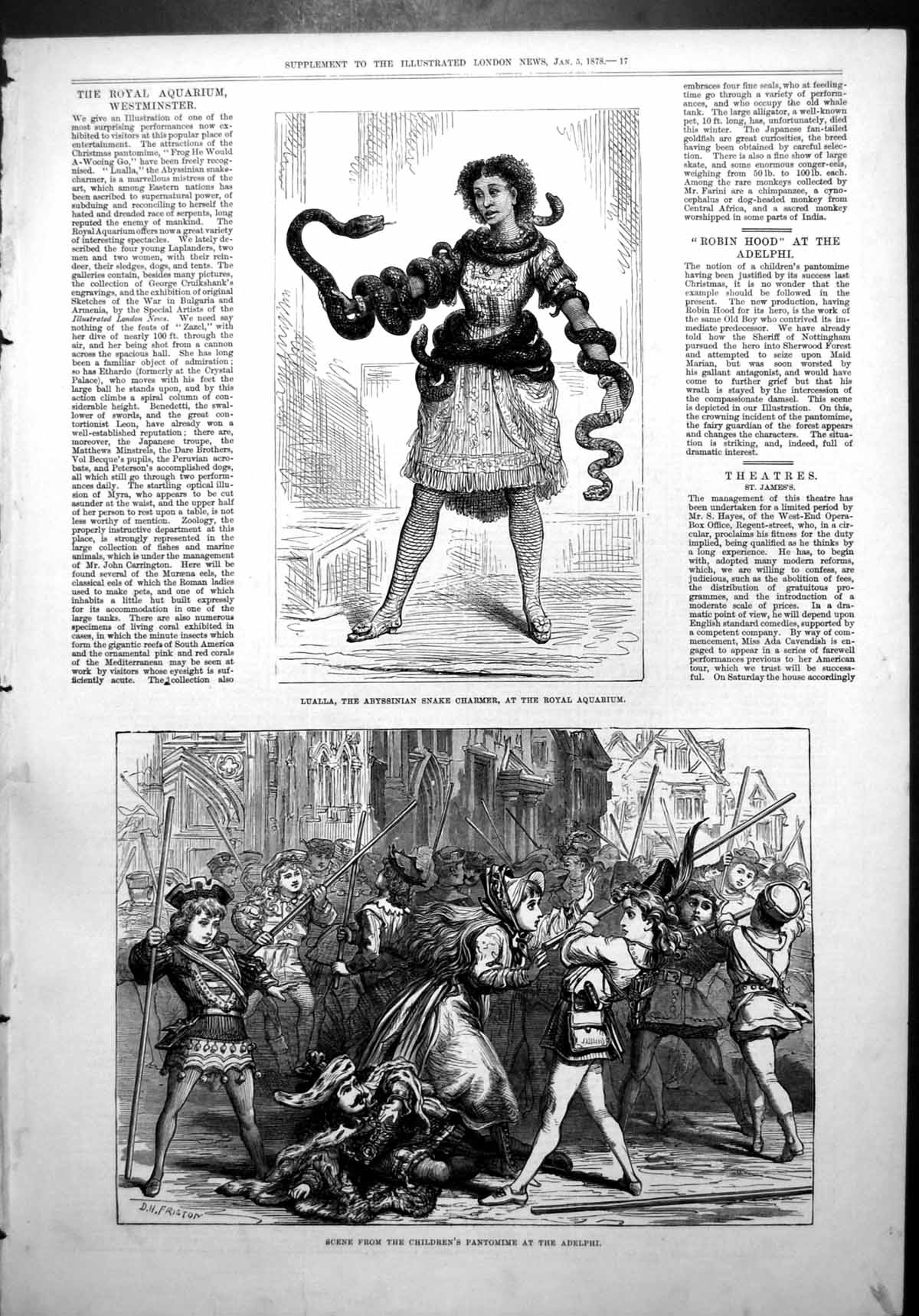 Antique Print Childrens Pantomine Adelphi Lualla Snake Charmer Aquarium1878