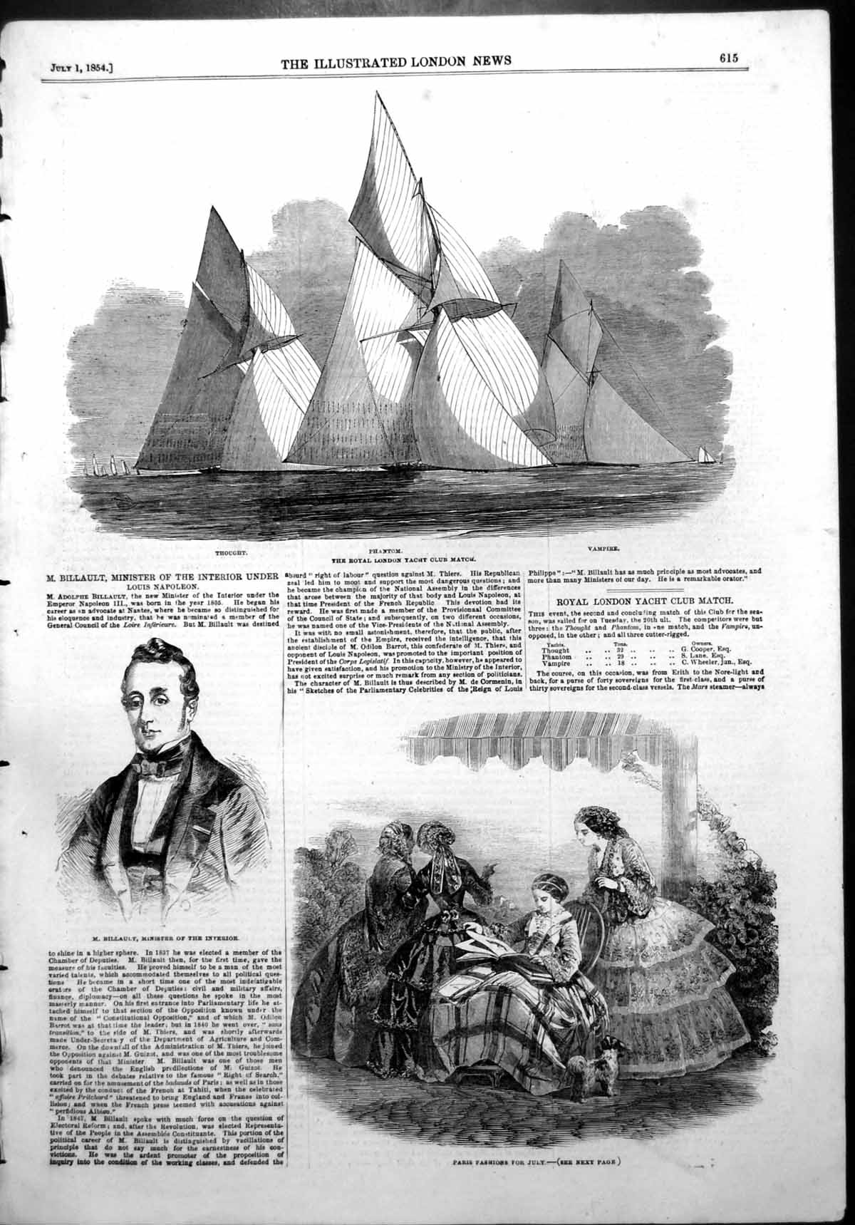 Antique Print M Billault Minister Interior London Yacht Match Phantom 1854 19th
