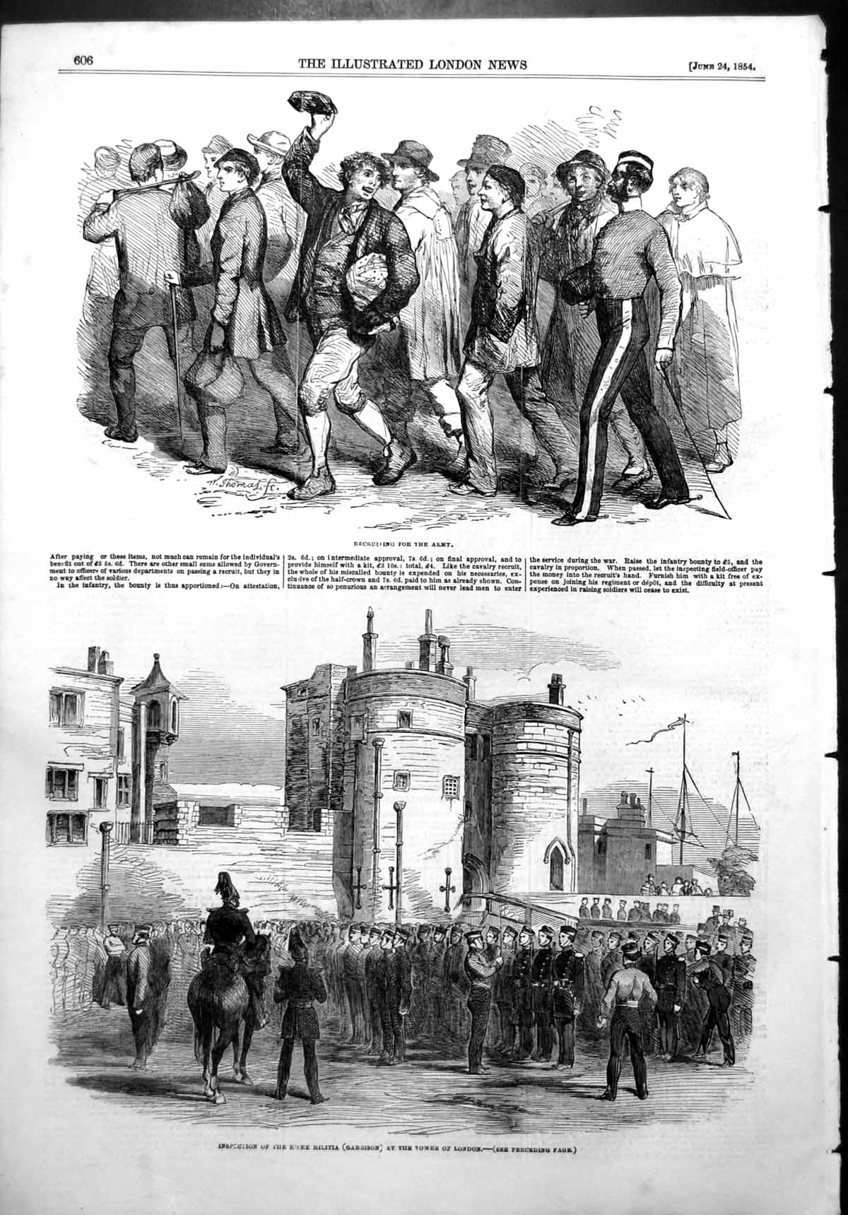 Antique Old Print Recruiting Army Inspection Essex Militia Tower London 1854