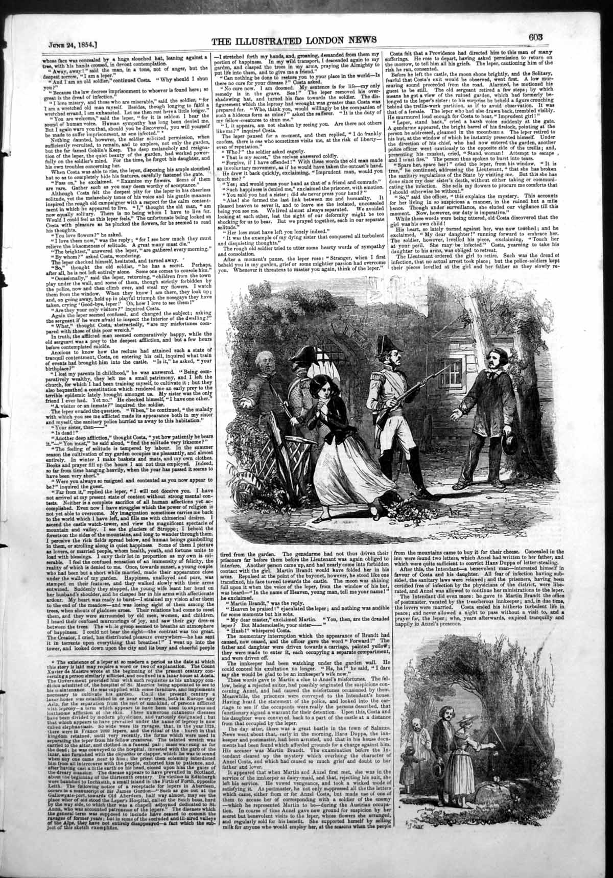 Old Antique Print Sier Pointing Rifle Man Garden Couple Child Garden 1854 19th