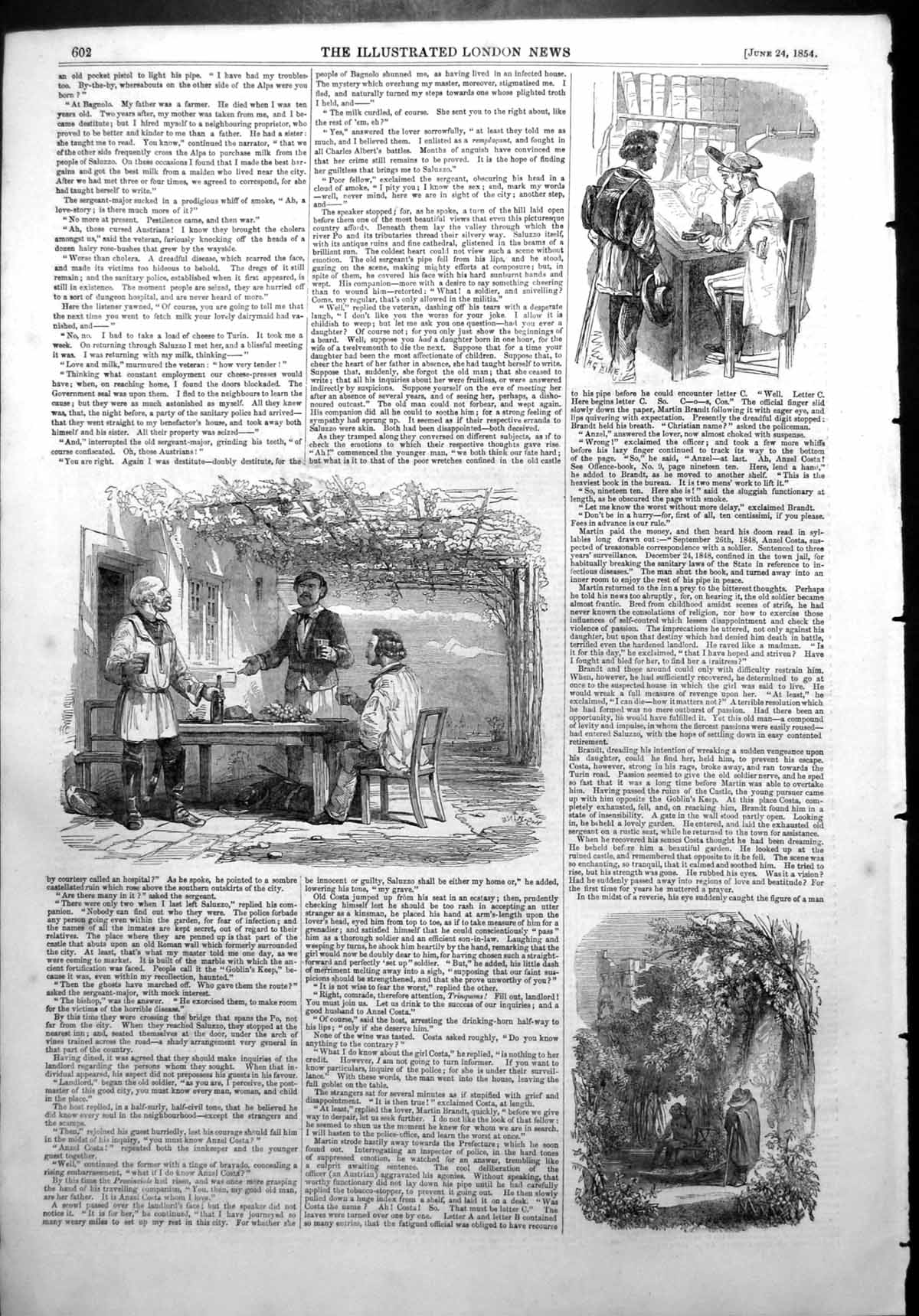 Antique Old Print Three Men Table Grapes Wine Two Men Office Anzel Costa 1854