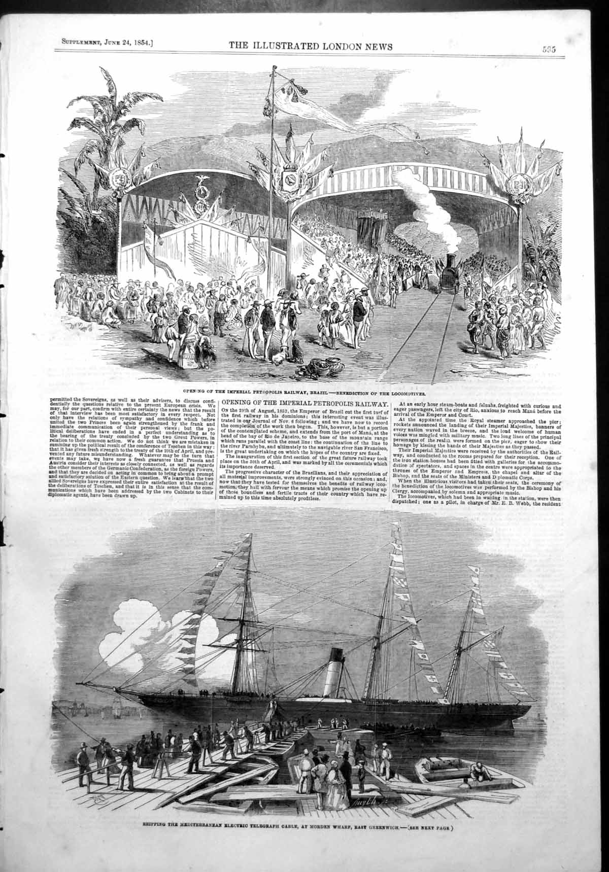 Old Print Petropolis Railway Brazil Shipping Telegraph Cable Greewich1854 19th
