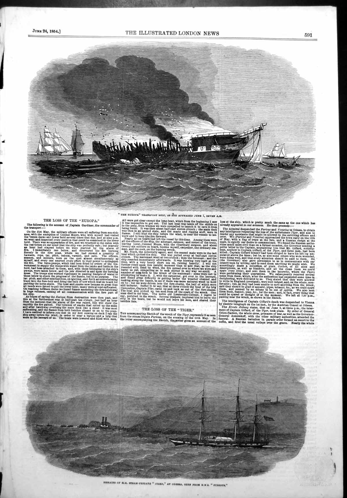 Antique Old Print Loss Europa Transport Ship Remains Steam Frigate Tiger 1854