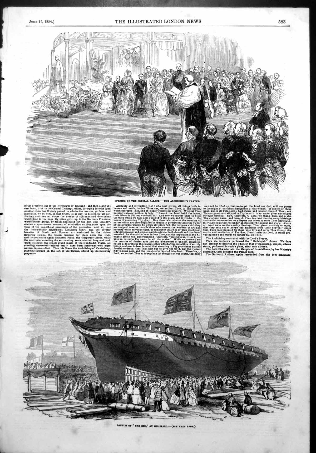 Antique Old Print Launch Esk Millwall Opening Crystal Palace Archbishop 1854