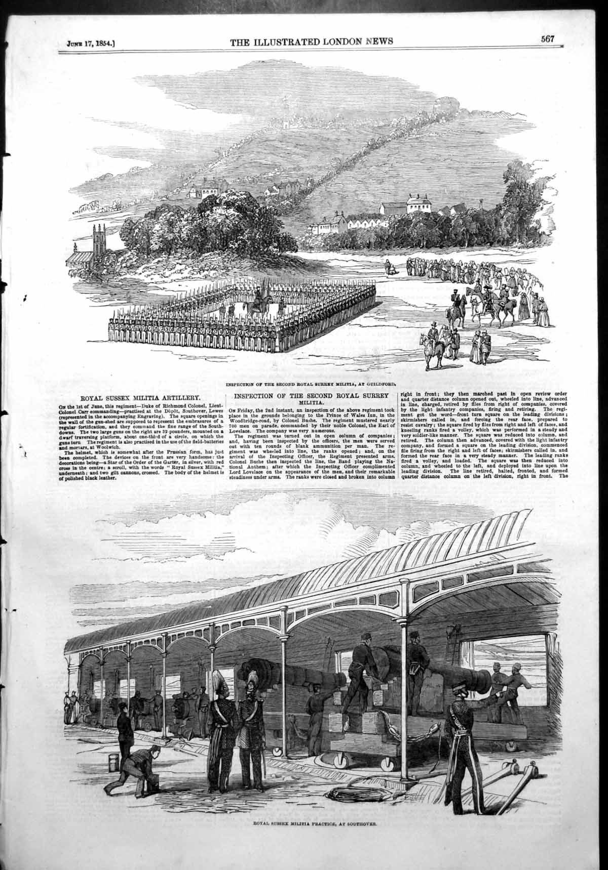Antique Old Print Inspection Royal Sussex Artillery Practice Southover 1854