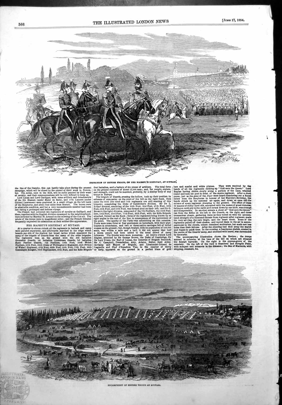 Antique Old Print Inspection British Troops Queens Birthday Camp Scutari 1854